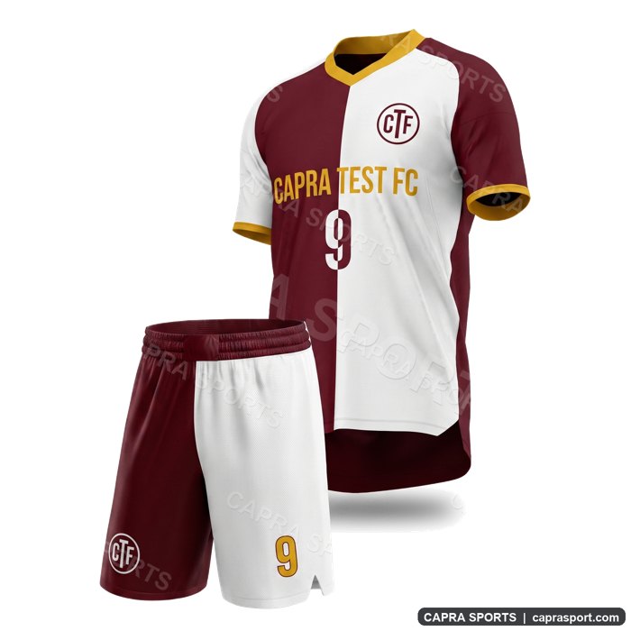 Soccer kit in maroon and gold